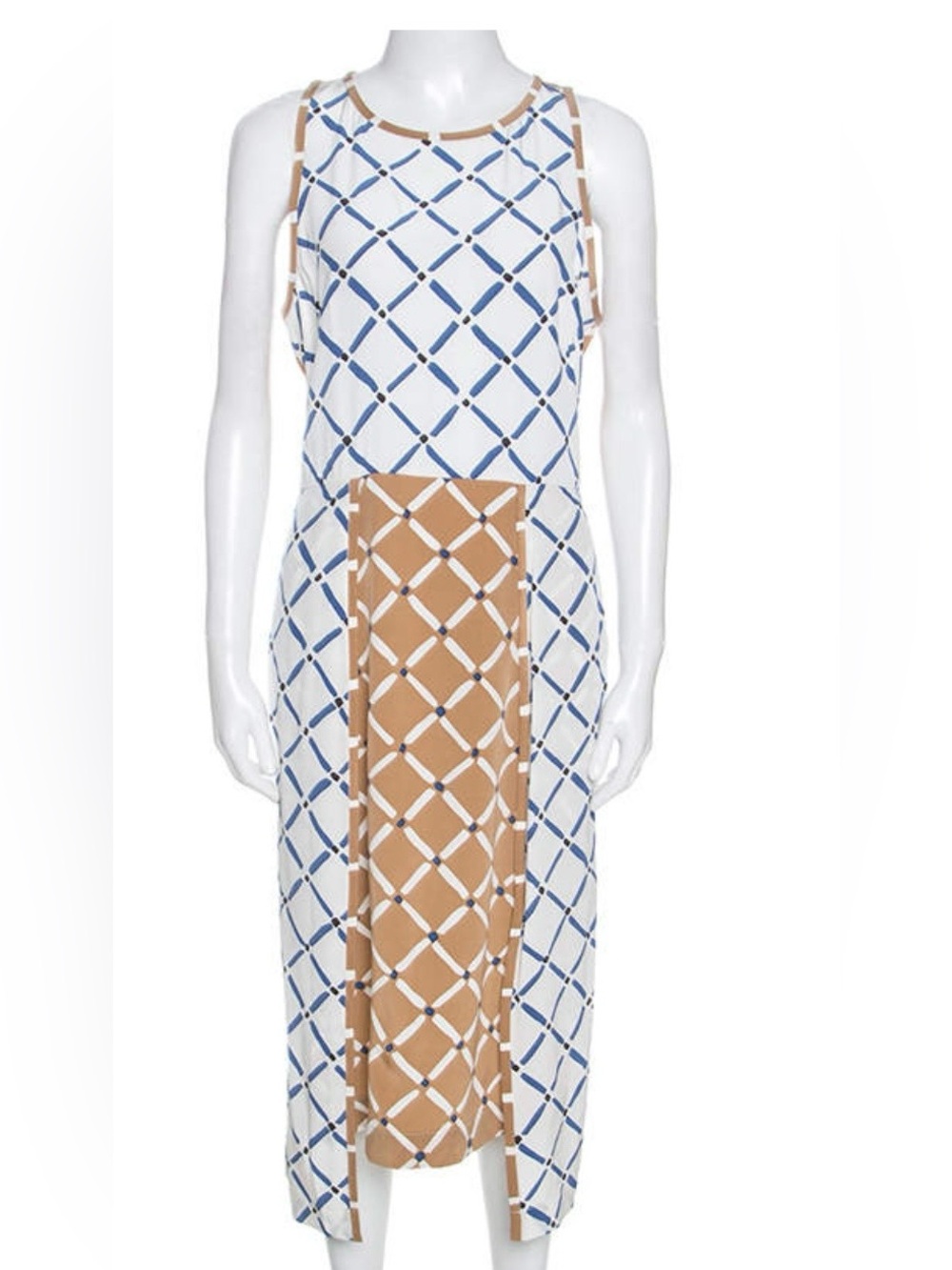 Tibi White and Blue Geometric Maxi Dress with Tan Panel